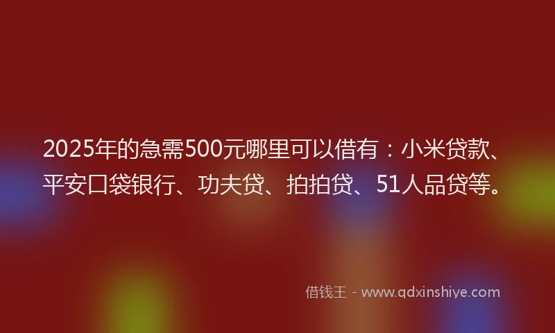 2025年的急需500元哪里可以借有：小米贷款、平安口袋银行、功夫贷、拍拍贷、51人品贷等。