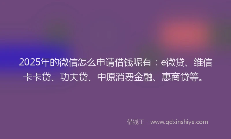 2025年的微信怎么申请借钱呢有：e微贷、维信卡卡贷、功夫贷、中原消费金融、惠商贷等。
