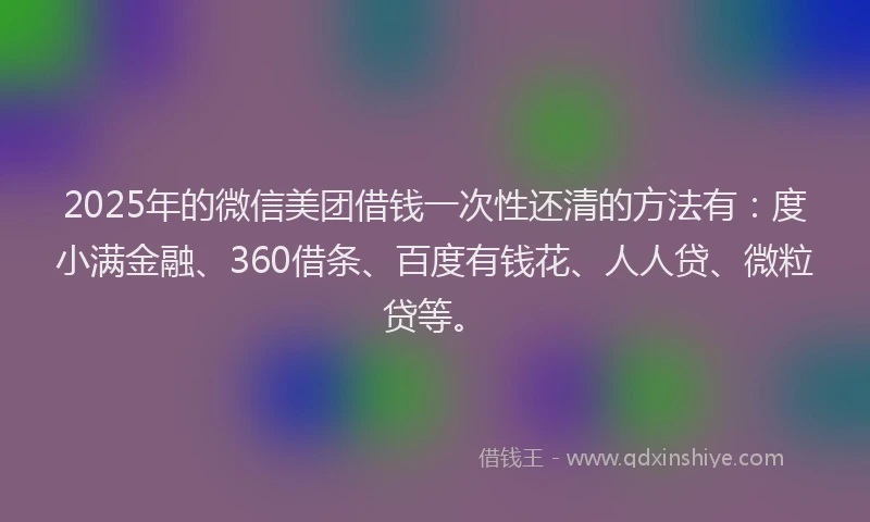 2025年的微信美团借钱一次性还清的方法有：度小满金融、360借条、百度有钱花、人人贷、微粒贷等。