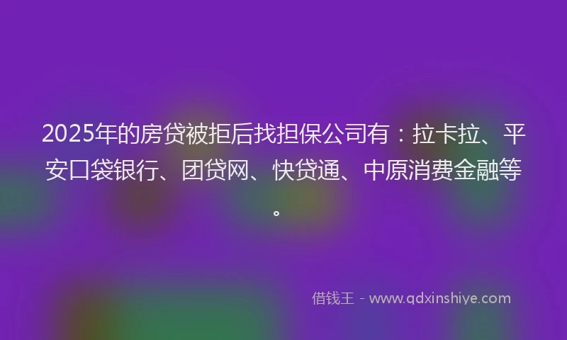 2025年的房贷被拒后找担保公司有：拉卡拉、平安口袋银行、团贷网、快贷通、中原消费金融等。