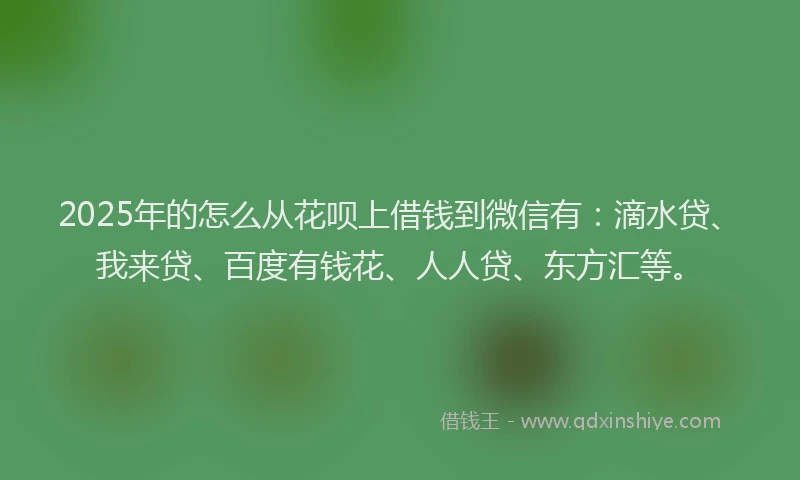 2025年的怎么从花呗上借钱到微信有：滴水贷、我来贷、百度有钱花、人人贷、东方汇等。