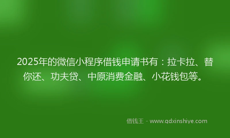 2025年的微信小程序借钱申请书有：拉卡拉、替你还、功夫贷、中原消费金融、小花钱包等。