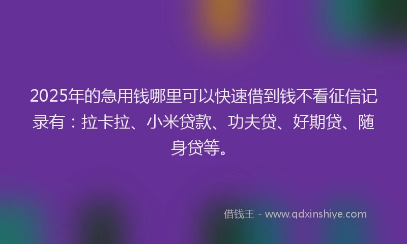 2025年的急用钱哪里可以快速借到钱不看征信记录有：拉卡拉、小米贷款、功夫贷、好期贷、随身贷等。
