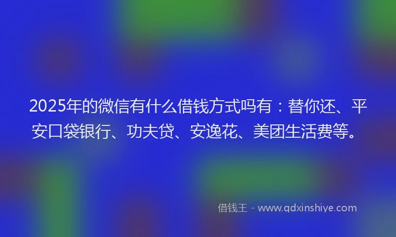 2025年的微信有什么借钱方式吗有：替你还、平安口袋银行、功夫贷、安逸花、美团生活费等。
