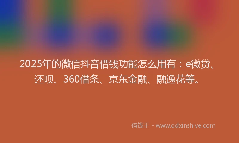 2025年的微信抖音借钱功能怎么用有：e微贷、还呗、360借条、京东金融、融逸花等。