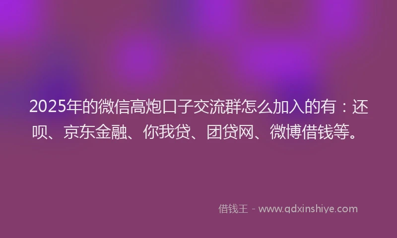2025年的微信高炮口子交流群怎么加入的有：还呗、京东金融、你我贷、团贷网、微博借钱等。