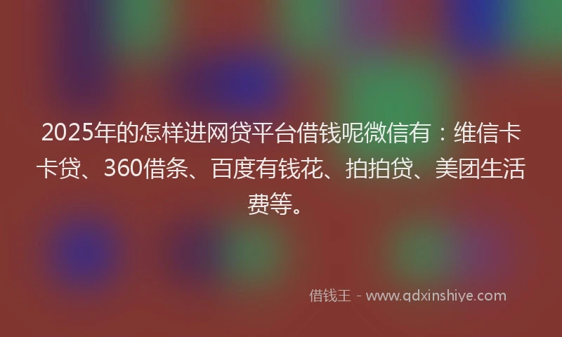 2025年的怎样进网贷平台借钱呢微信有：维信卡卡贷、360借条、百度有钱花、拍拍贷、美团生活费等。
