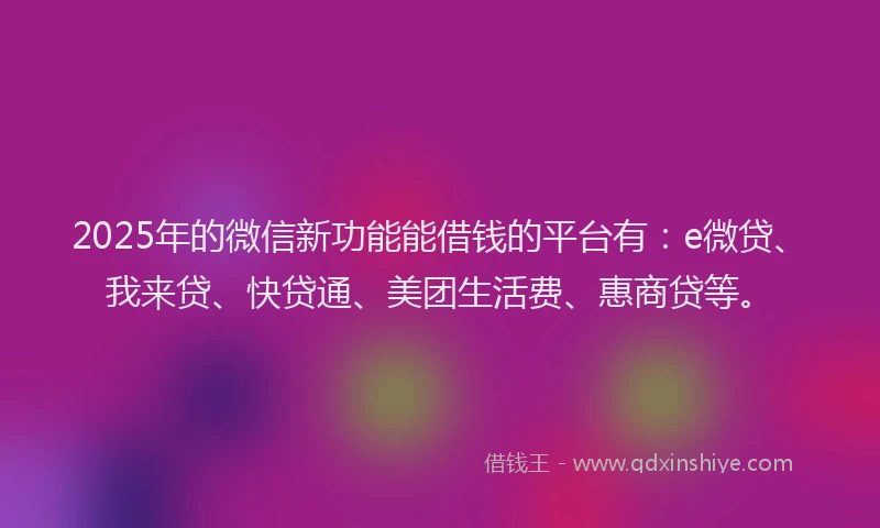 2025年的微信新功能能借钱的平台有：e微贷、我来贷、快贷通、美团生活费、惠商贷等。