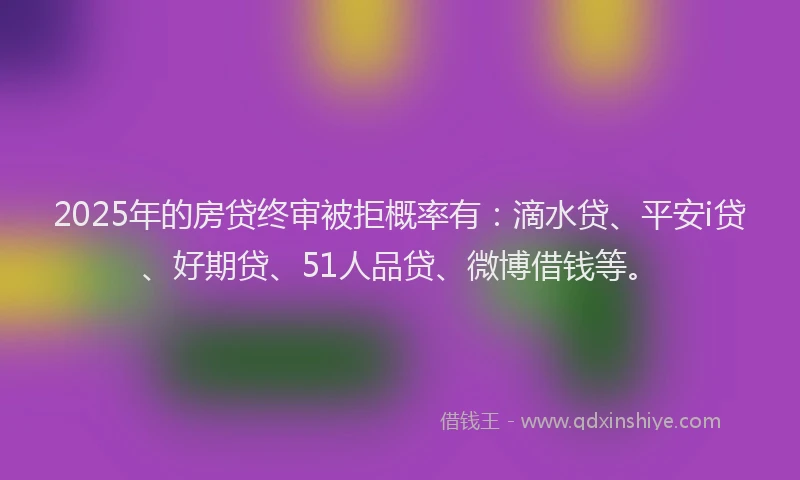 2025年的房贷终审被拒概率有：滴水贷、平安i贷、好期贷、51人品贷、微博借钱等。