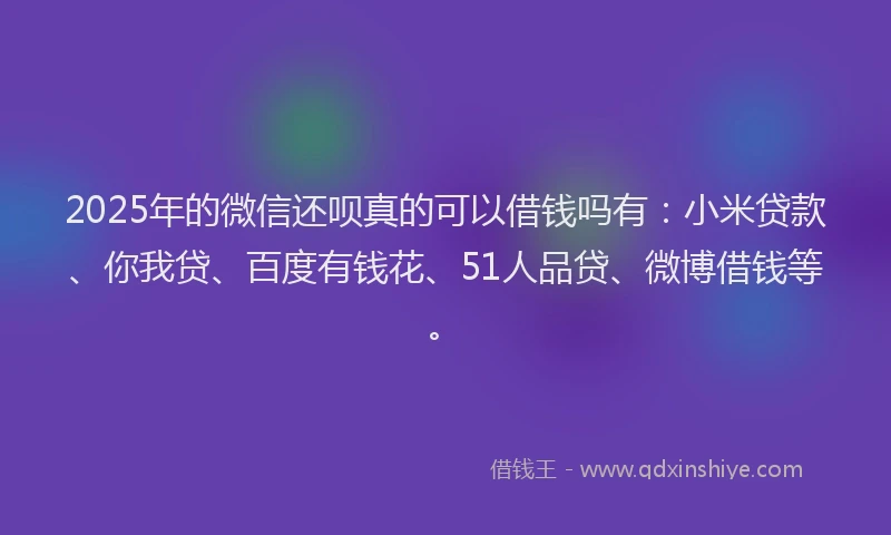 2025年的微信还呗真的可以借钱吗有：小米贷款、你我贷、百度有钱花、51人品贷、微博借钱等。