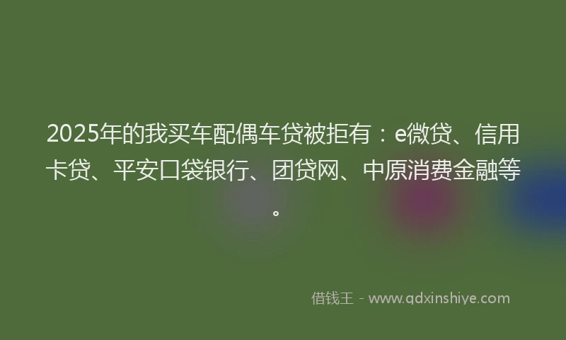 2025年的我买车配偶车贷被拒有：e微贷、信用卡贷、平安口袋银行、团贷网、中原消费金融等。