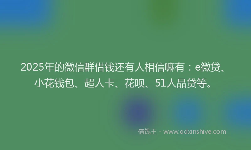 2025年的微信群借钱还有人相信嘛有：e微贷、小花钱包、超人卡、花呗、51人品贷等。