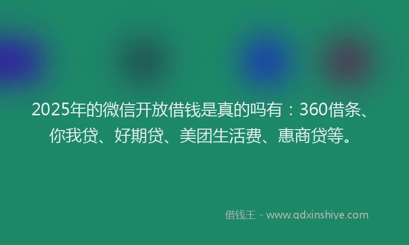 2025年的微信开放借钱是真的吗有：360借条、你我贷、好期贷、美团生活费、惠商贷等。