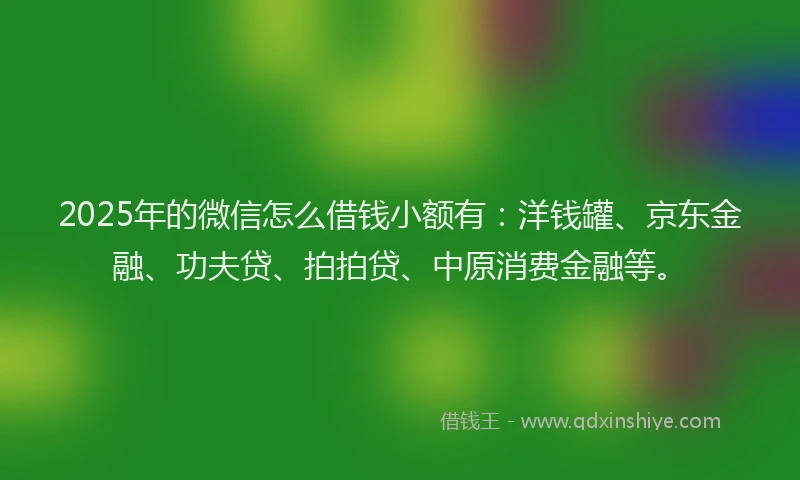2025年的微信怎么借钱小额有：洋钱罐、京东金融、功夫贷、拍拍贷、中原消费金融等。