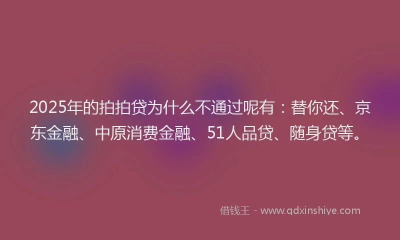 2025年的拍拍贷为什么不通过呢有：替你还、京东金融、中原消费金融、51人品贷、随身贷等。