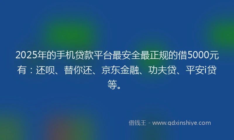2025年的手机贷款平台最安全最正规的借5000元有：还呗、替你还、京东金融、功夫贷、平安i贷等。
