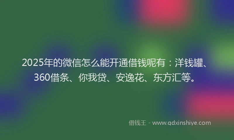 2025年的微信怎么能开通借钱呢有：洋钱罐、360借条、你我贷、安逸花、东方汇等。
