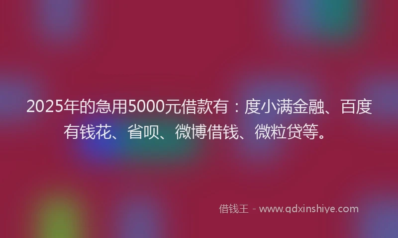 2025年的急用5000元借款有：度小满金融、百度有钱花、省呗、微博借钱、微粒贷等。