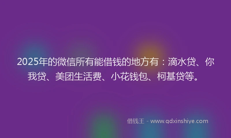 2025年的微信所有能借钱的地方有：滴水贷、你我贷、美团生活费、小花钱包、柯基贷等。