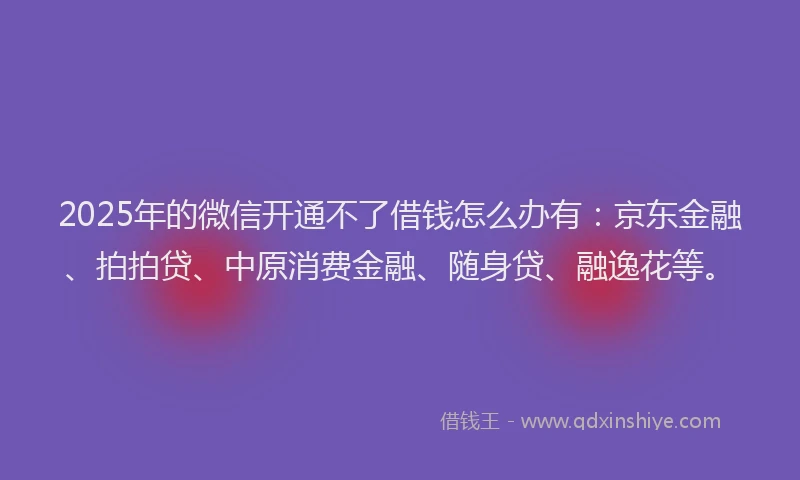 2025年的微信开通不了借钱怎么办有：京东金融、拍拍贷、中原消费金融、随身贷、融逸花等。