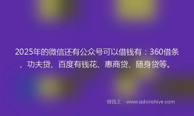 2025年的微信还有公众号可以借钱有：360借条、功夫贷、百度有钱花、惠商贷、随身贷等。