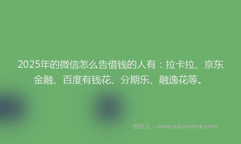 2025年的微信怎么告借钱的人有：拉卡拉、京东金融、百度有钱花、分期乐、融逸花等。