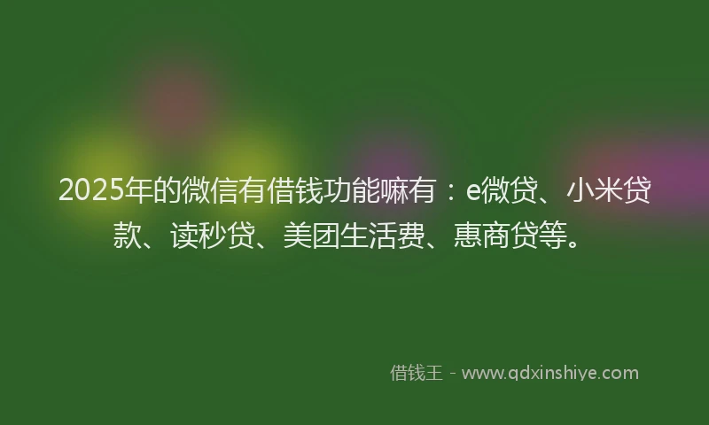 2025年的微信有借钱功能嘛有：e微贷、小米贷款、读秒贷、美团生活费、惠商贷等。