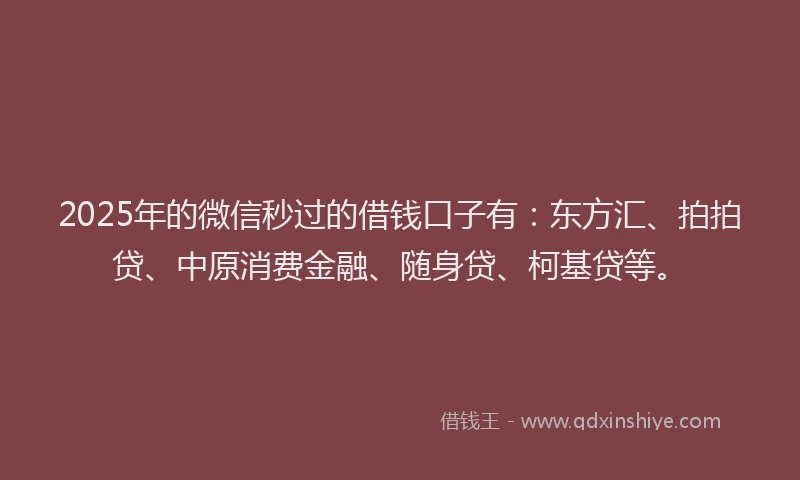 2025年的微信秒过的借钱口子有：东方汇、拍拍贷、中原消费金融、随身贷、柯基贷等。