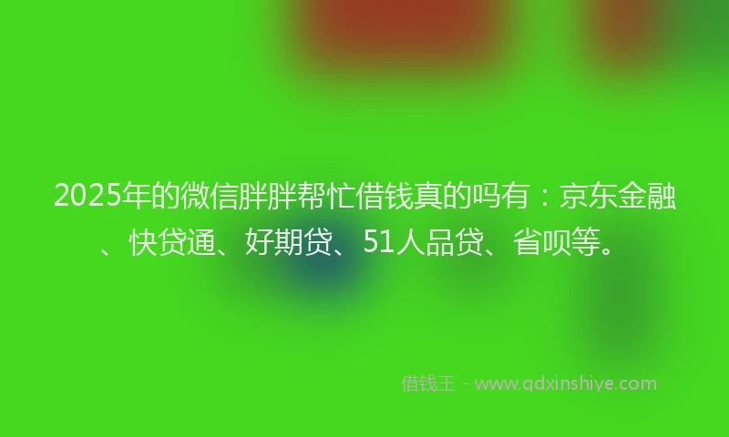 2025年的微信胖胖帮忙借钱真的吗有：京东金融、快贷通、好期贷、51人品贷、省呗等。