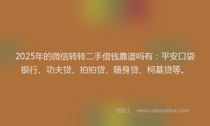 2025年的微信转转二手借钱靠谱吗有：平安口袋银行、功夫贷、拍拍贷、随身贷、柯基贷等。