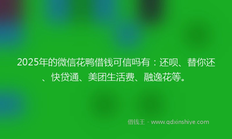 2025年的微信花鸭借钱可信吗有：还呗、替你还、快贷通、美团生活费、融逸花等。