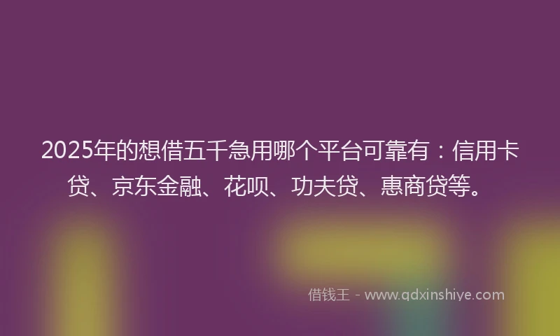 2025年的想借五千急用哪个平台可靠有：信用卡贷、京东金融、花呗、功夫贷、惠商贷等。