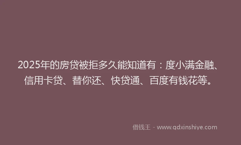 2025年的房贷被拒多久能知道有：度小满金融、信用卡贷、替你还、快贷通、百度有钱花等。