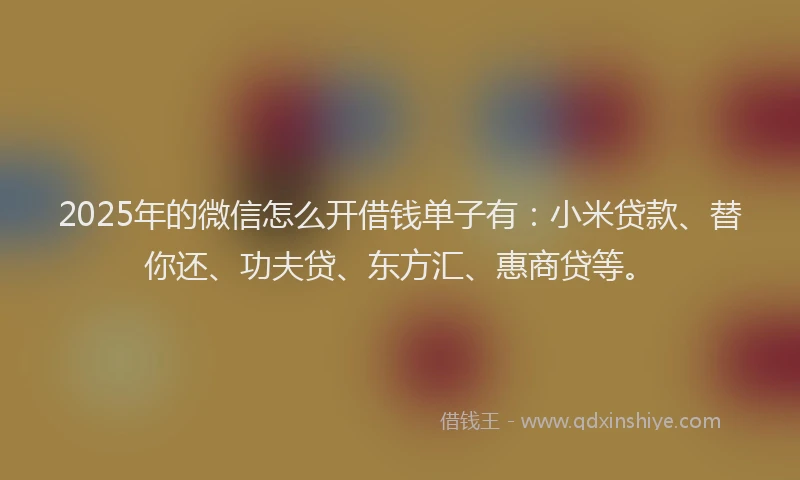 2025年的微信怎么开借钱单子有：小米贷款、替你还、功夫贷、东方汇、惠商贷等。