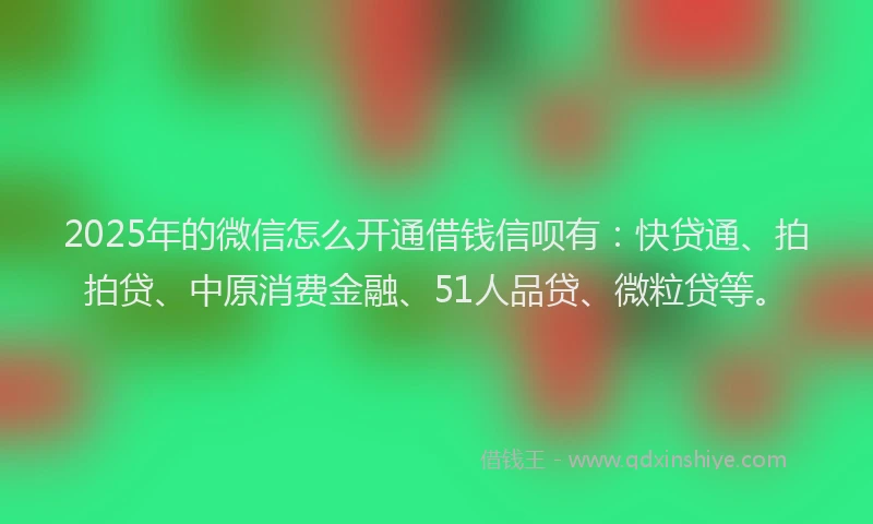 2025年的微信怎么开通借钱信呗有：快贷通、拍拍贷、中原消费金融、51人品贷、微粒贷等。