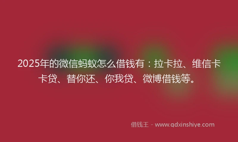 2025年的微信蚂蚁怎么借钱有：拉卡拉、维信卡卡贷、替你还、你我贷、微博借钱等。