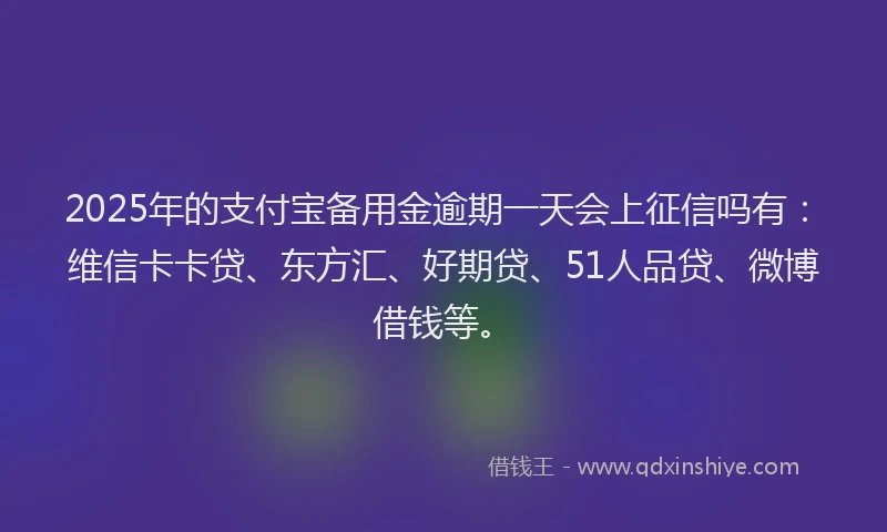 2025年的支付宝备用金逾期一天会上征信吗有：维信卡卡贷、东方汇、好期贷、51人品贷、微博借钱等。