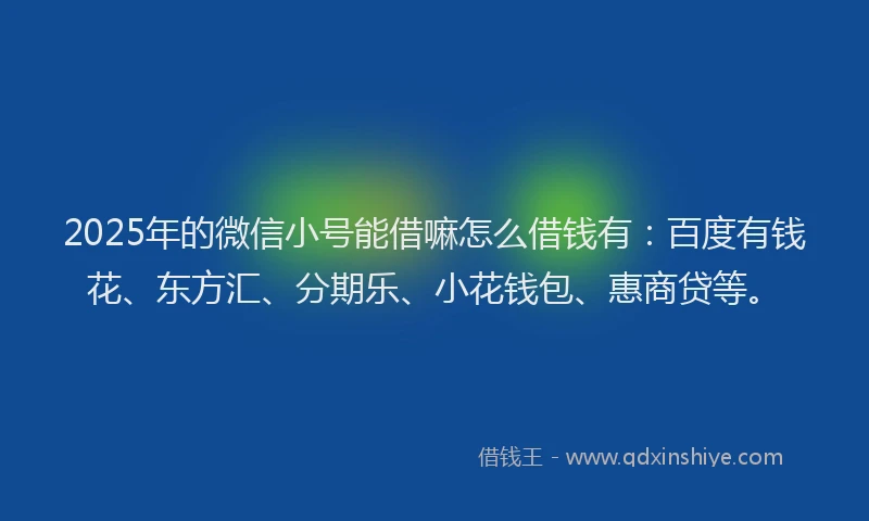 2025年的微信小号能借嘛怎么借钱有：百度有钱花、东方汇、分期乐、小花钱包、惠商贷等。