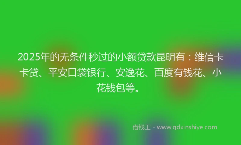 2025年的无条件秒过的小额贷款昆明有：维信卡卡贷、平安口袋银行、安逸花、百度有钱花、小花钱包等。