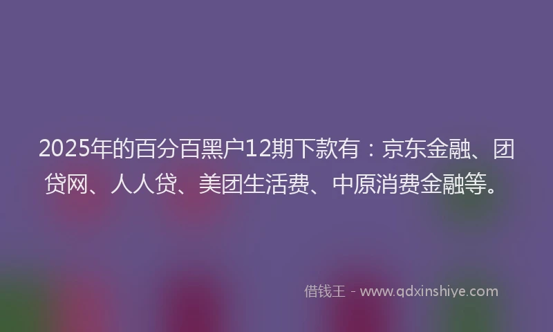 2025年的百分百黑户12期下款有：京东金融、团贷网、人人贷、美团生活费、中原消费金融等。