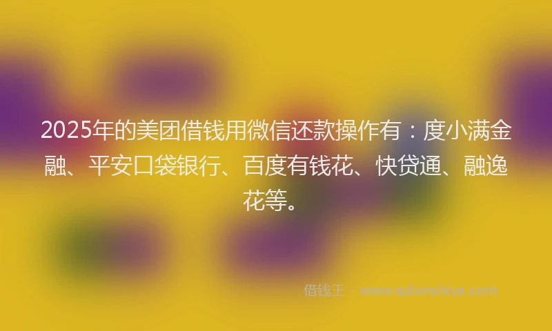 2025年的美团借钱用微信还款操作有：度小满金融、平安口袋银行、百度有钱花、快贷通、融逸花等。