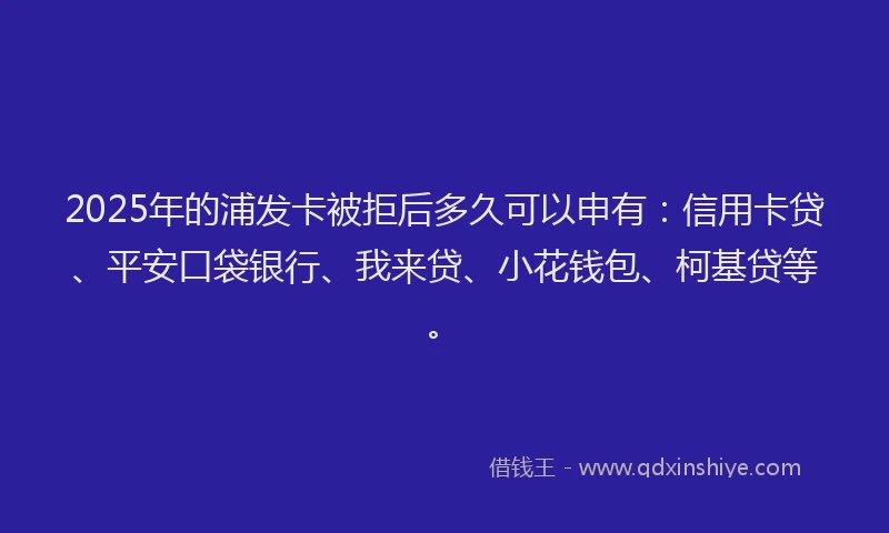 2025年的浦发卡被拒后多久可以申有：信用卡贷、平安口袋银行、我来贷、小花钱包、柯基贷等。