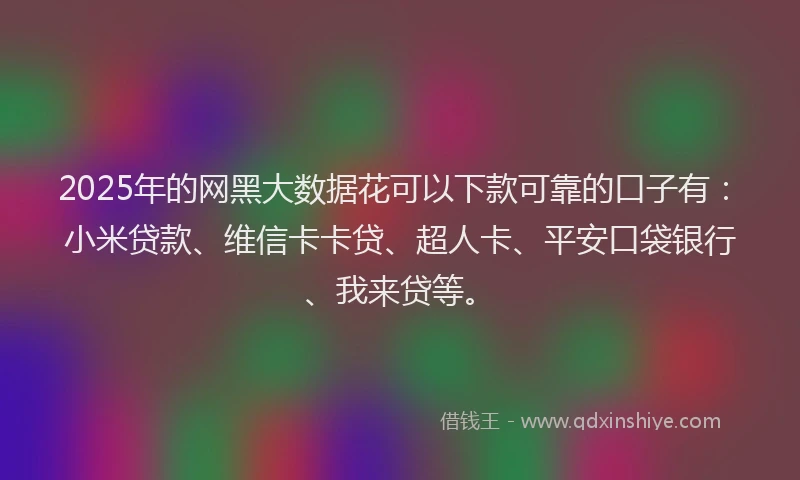 2025年的网黑大数据花可以下款可靠的口子有：小米贷款、维信卡卡贷、超人卡、平安口袋银行、我来贷等。