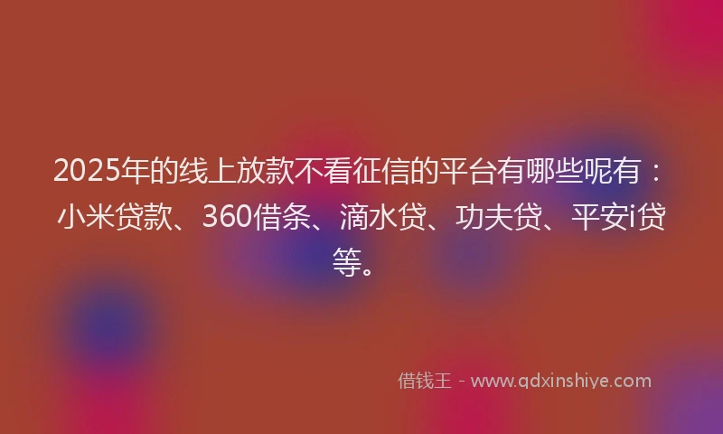 2025年的线上放款不看征信的平台有哪些呢有：小米贷款、360借条、滴水贷、功夫贷、平安i贷等。