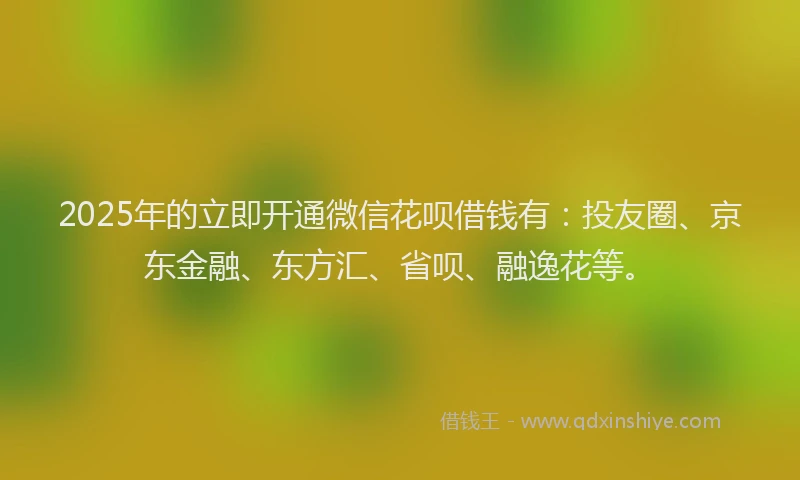 2025年的立即开通微信花呗借钱有：投友圈、京东金融、东方汇、省呗、融逸花等。