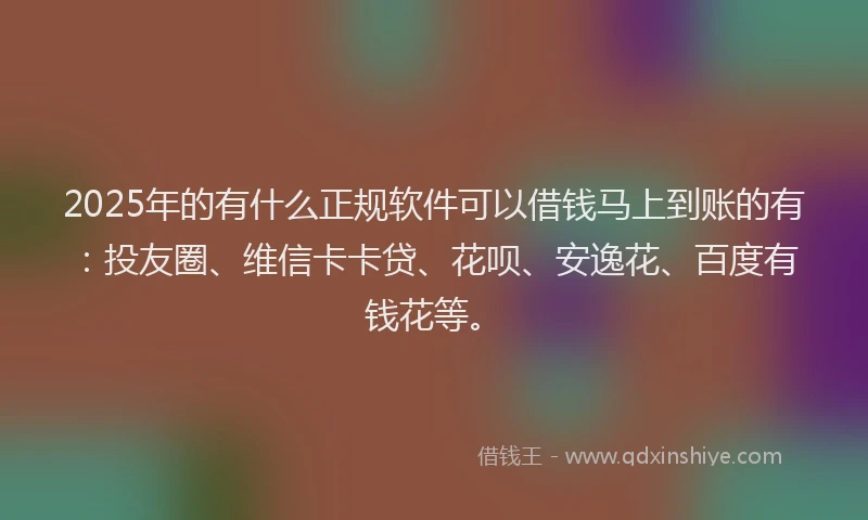 2025年的有什么正规软件可以借钱马上到账的有：投友圈、维信卡卡贷、花呗、安逸花、百度有钱花等。