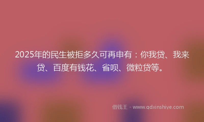 2025年的民生被拒多久可再申有：你我贷、我来贷、百度有钱花、省呗、微粒贷等。