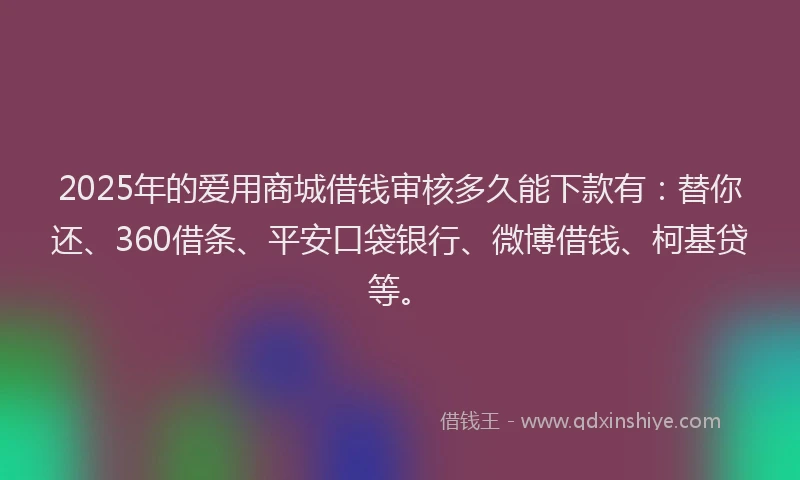2025年的爱用商城借钱审核多久能下款有：替你还、360借条、平安口袋银行、微博借钱、柯基贷等。