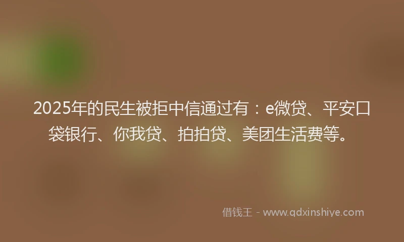 2025年的民生被拒中信通过有：e微贷、平安口袋银行、你我贷、拍拍贷、美团生活费等。