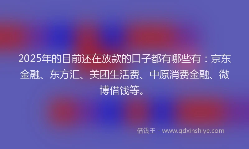 2025年的目前还在放款的口子都有哪些有：京东金融、东方汇、美团生活费、中原消费金融、微博借钱等。